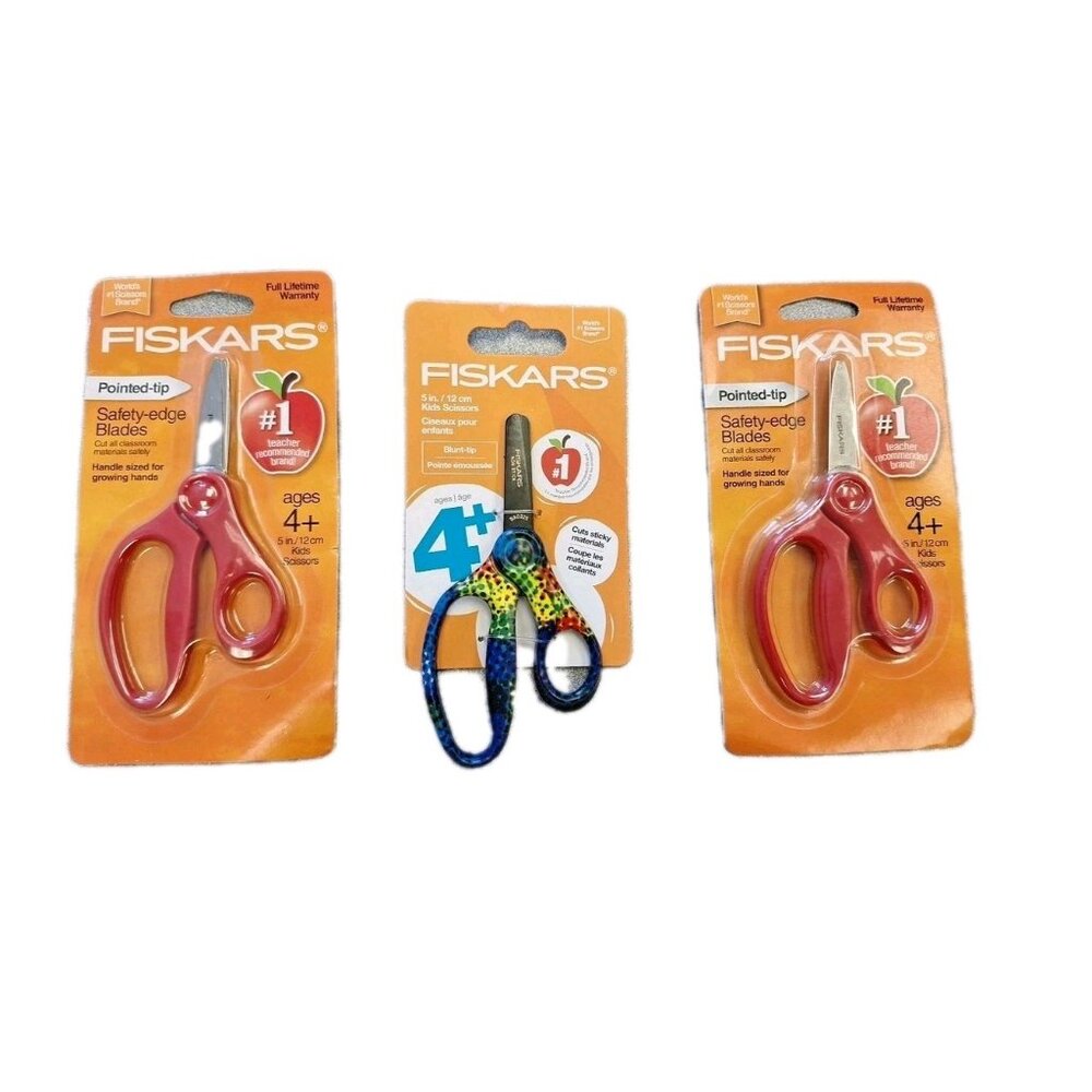 Fiskars Scissors for Kids POINTED TIP 5 Inch Safety Red And Blue Lot Of 3